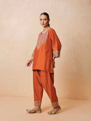 Women Orange Embroidered Short Kurta With Farshi Salwar & Dupatta