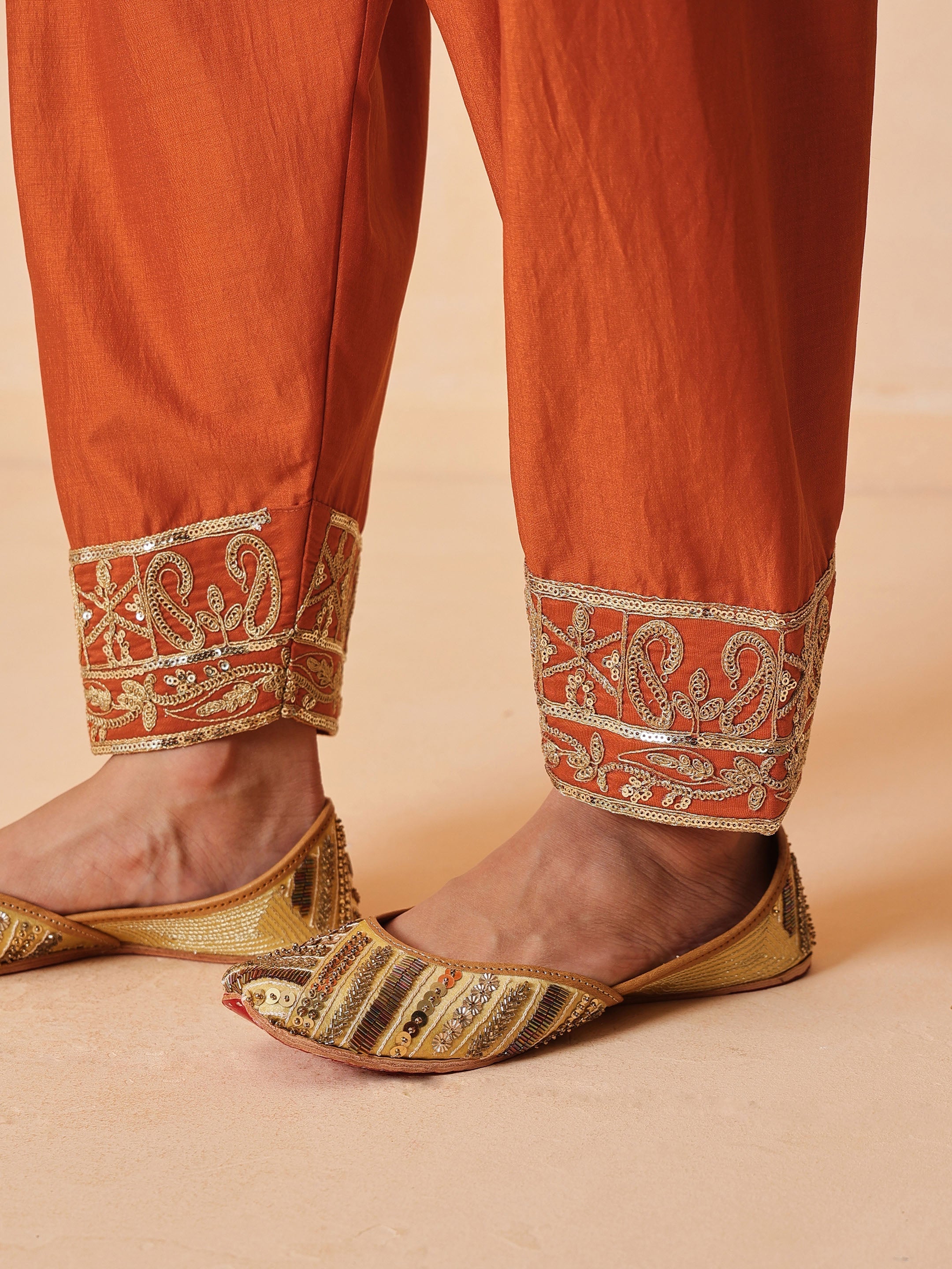 DesiQlo Orange Embroidered Short Kurta With Farshi Salwar & Dupat