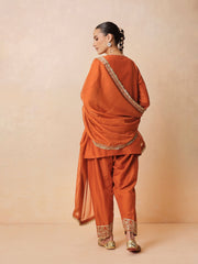 Women Orange Embroidered Short Kurta With Farshi Salwar & Dupatta