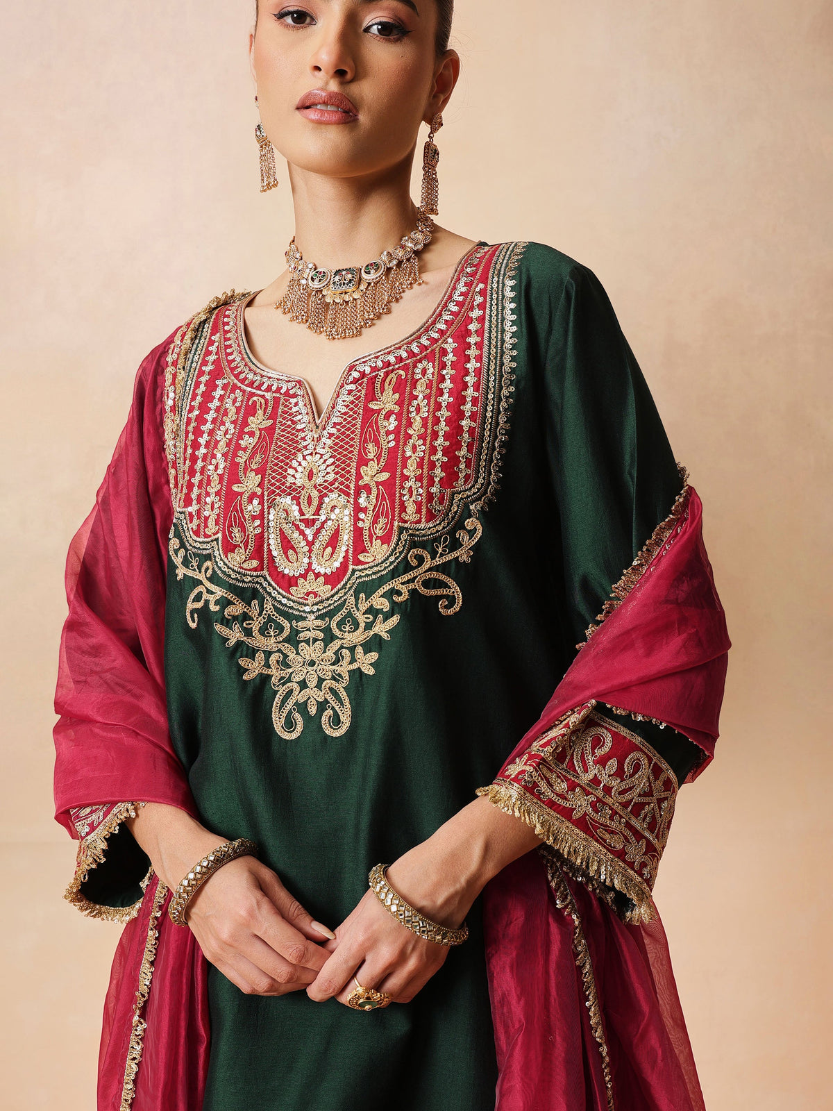 Women Green Embroidered Short Kurta With Farshi Salwar & Dupatta