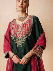 Women Green Embroidered Short Kurta With Farshi Salwar & Dupatta