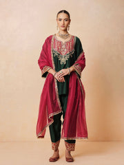 Women Green Embroidered Short Kurta With Farshi Salwar & Dupatta