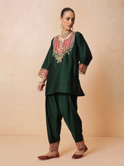 Women Green Embroidered Short Kurta With Farshi Salwar & Dupatta