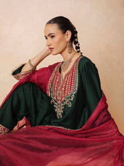 Women Green Embroidered Short Kurta With Farshi Salwar & Dupatta
