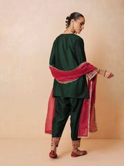 Women Green Embroidered Short Kurta With Farshi Salwar & Dupatta
