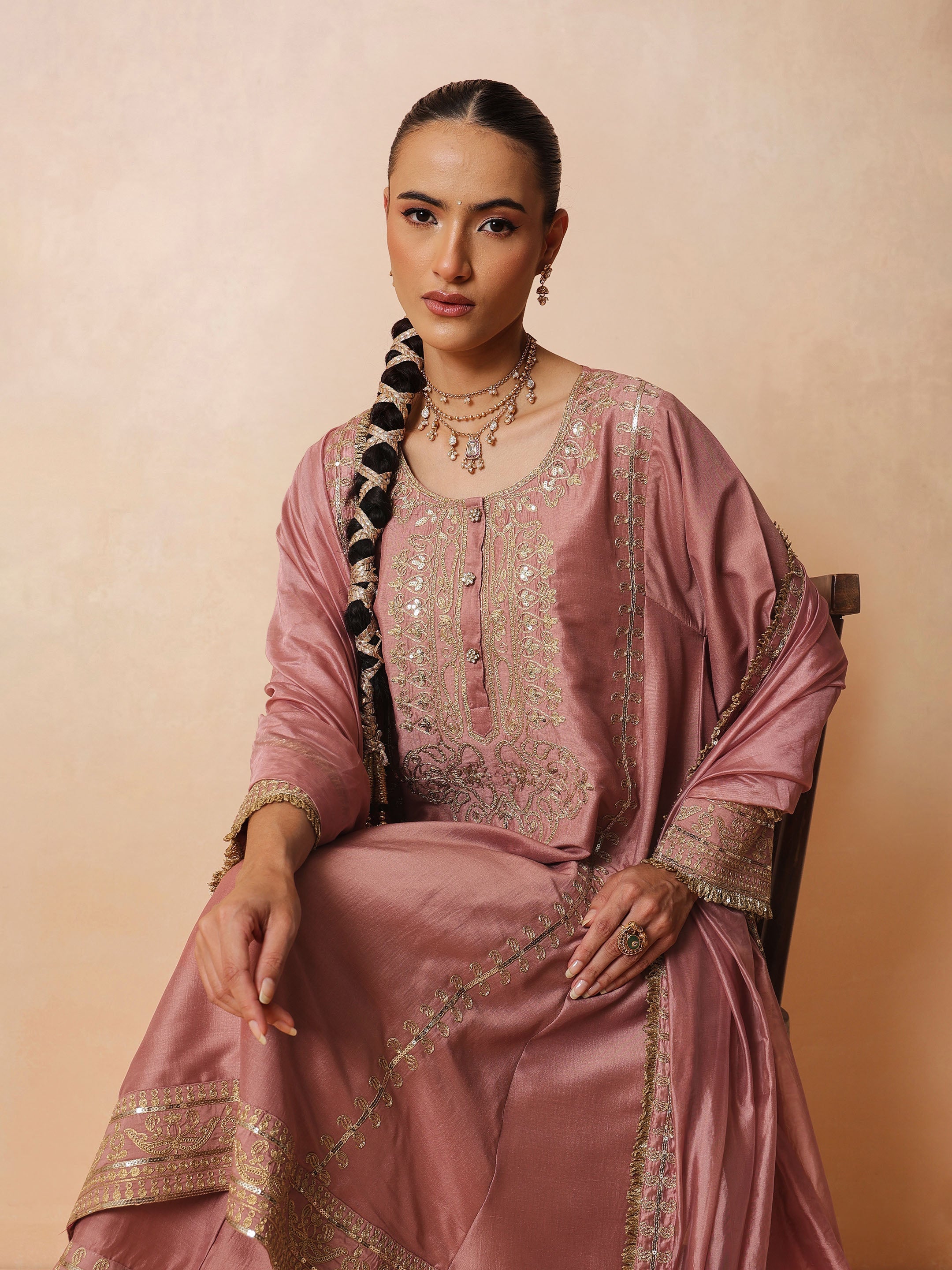 DesiQlo Onion Pink Embroidered Choga Kurta With Straight Pant & D