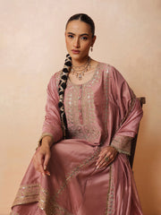 Women Onion Pink Embroidered Choga Kurta With Straight Pant & Dupatta
