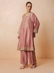 Women Onion Pink Embroidered Choga Kurta With Straight Pant & Dupatta