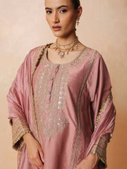 Women Onion Pink Embroidered Choga Kurta With Straight Pant & Dupatta