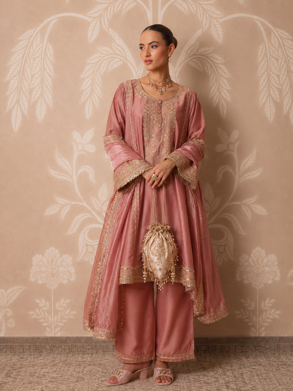 Women Onion Pink Embroidered Choga Kurta With Straight Pant & Dupatta