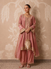 Women Onion Pink Embroidered Choga Kurta With Straight Pant & Dupatta