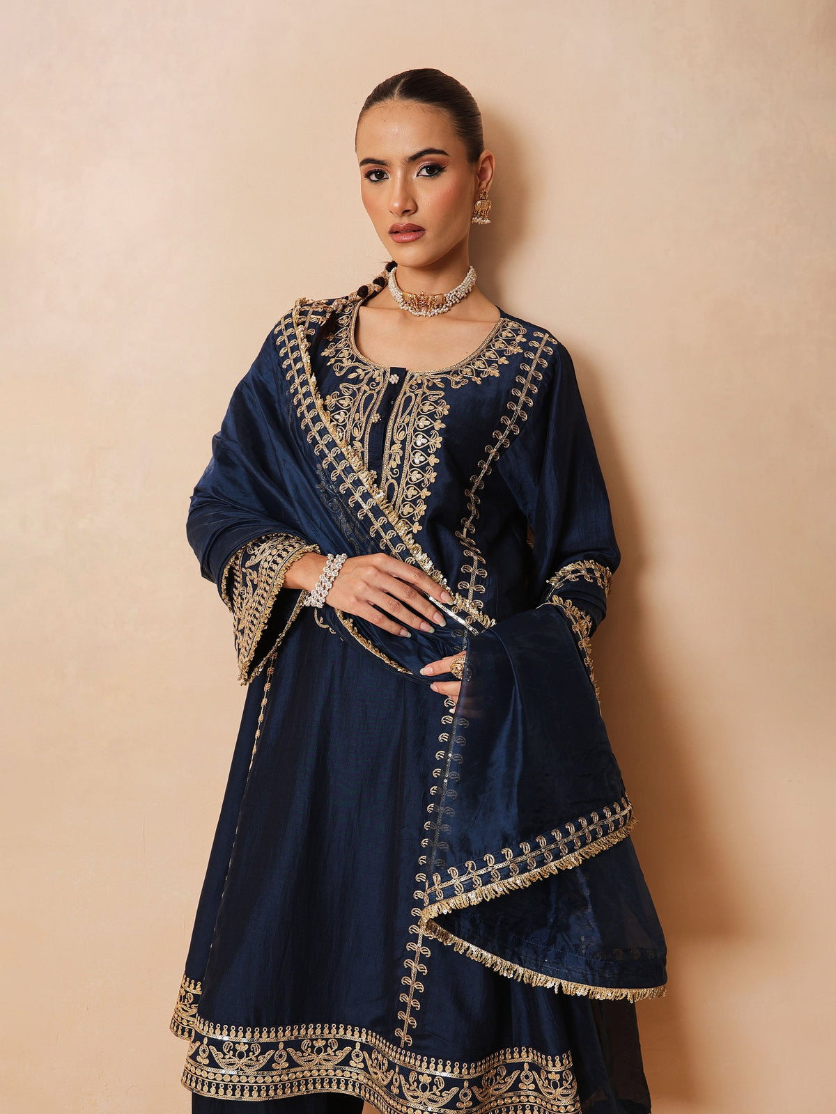 Women Navy Embroidered Choga Kurta With Straight Pant & Dupatta