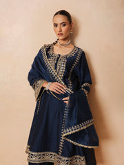 Women Navy Embroidered Choga Kurta With Straight Pant & Dupatta