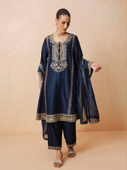 Women Navy Embroidered Choga Kurta With Straight Pant & Dupatta