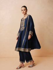 Women Navy Embroidered Choga Kurta With Straight Pant & Dupatta