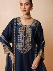 Women Navy Embroidered Choga Kurta With Straight Pant & Dupatta