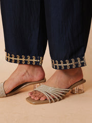Women Navy Embroidered Choga Kurta With Straight Pant & Dupatta