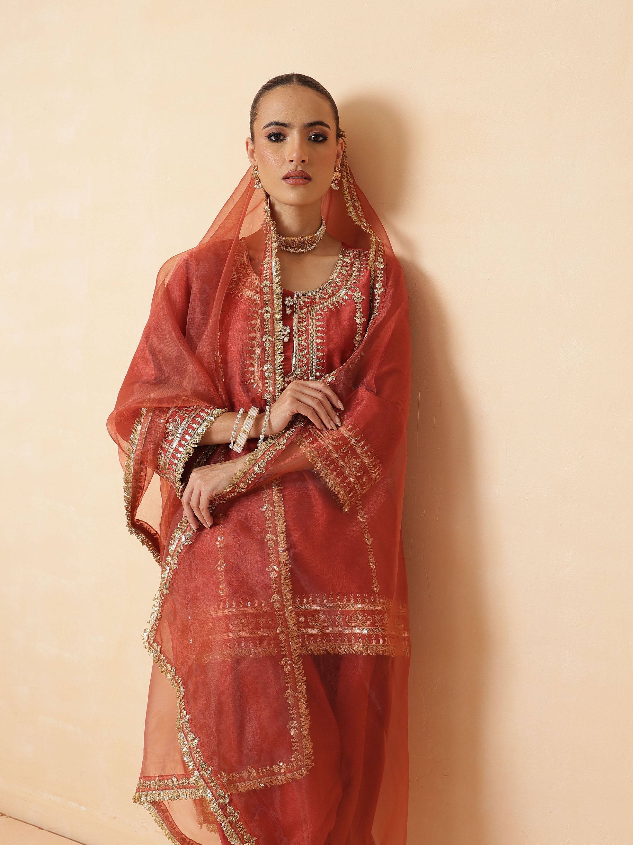 DesiQlo Rust Embroidered Short Kurta With Farshi Salwar & Dupatta