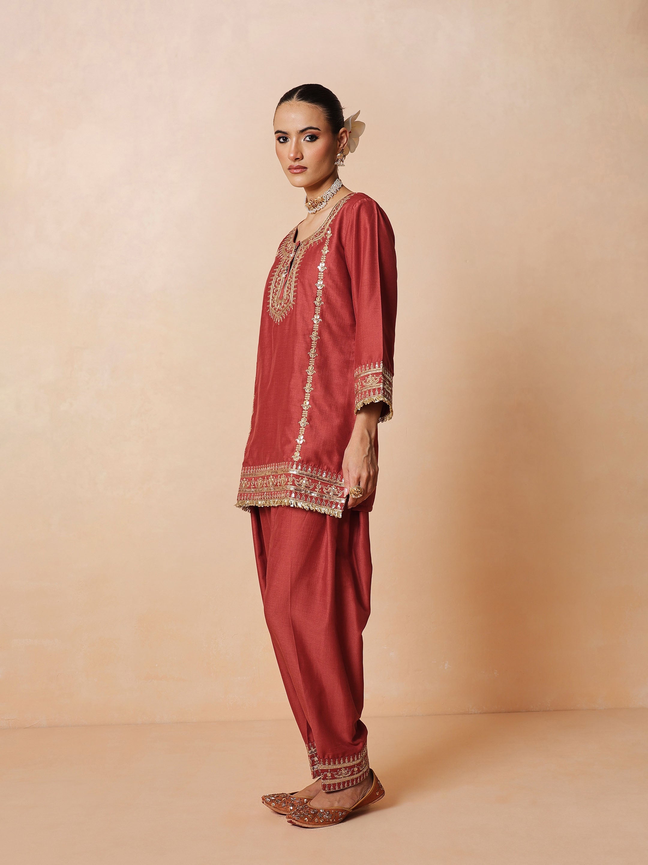 DesiQlo Rust Embroidered Short Kurta With Farshi Salwar & Dupatta
