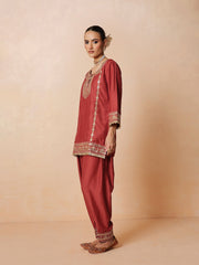Women Rust Embroidered Short Kurta With Farshi Salwar & Dupatta