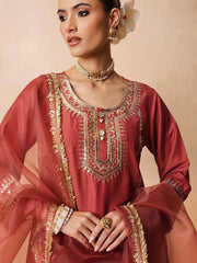 Women Rust Embroidered Short Kurta With Farshi Salwar & Dupatta
