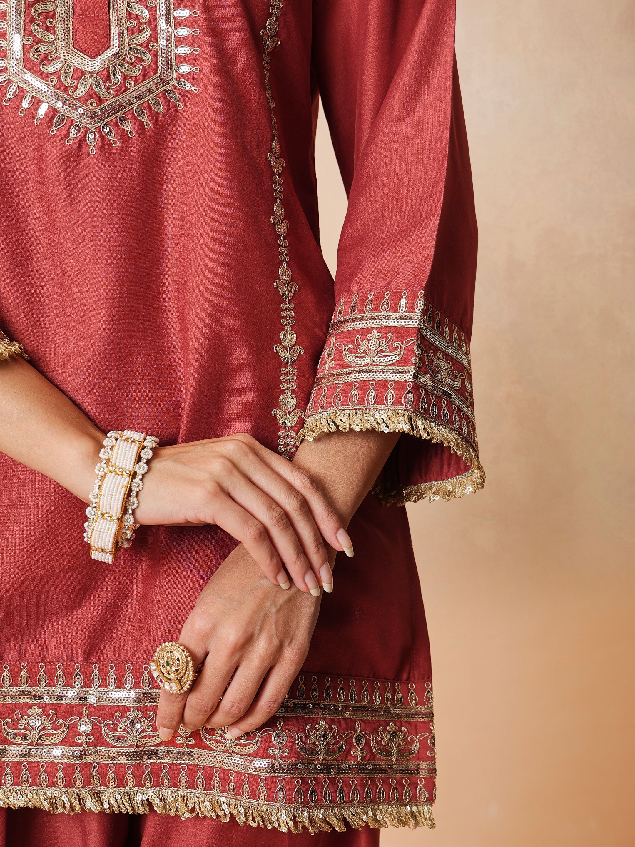 DesiQlo Rust Embroidered Short Kurta With Farshi Salwar & Dupatta