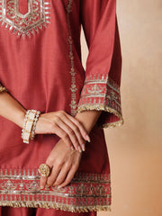 Women Rust Embroidered Short Kurta With Farshi Salwar & Dupatta