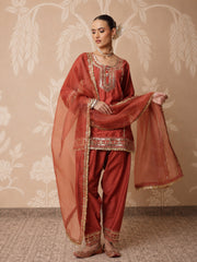 Women Rust Embroidered Short Kurta With Farshi Salwar & Dupatta