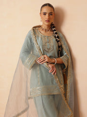 Women Pista Green Embroidered Short Kurta With Farshi Salwar & Dupatta