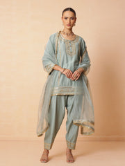 Women Pista Green Embroidered Short Kurta With Farshi Salwar & Dupatta