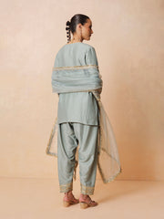 Women Pista Green Embroidered Short Kurta With Farshi Salwar & Dupatta