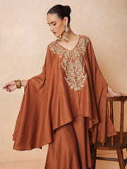 Women Rust Embroidered Kaftan With Flared Pants