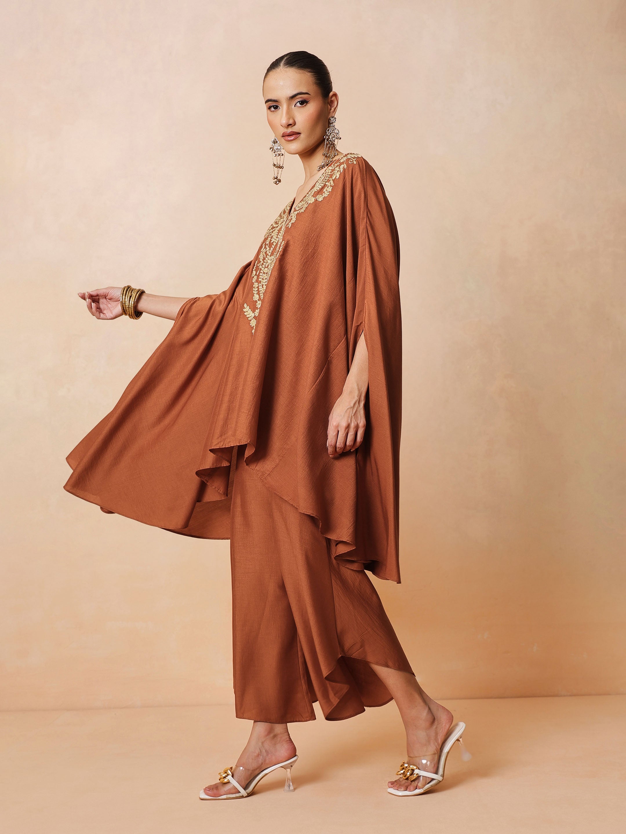 DesiQlo Rust Embroidered Kaftan With Flared Pants - Rust