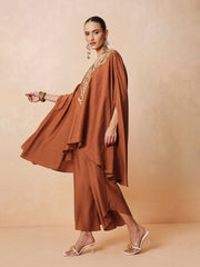 Women Rust Embroidered Kaftan With Flared Pants