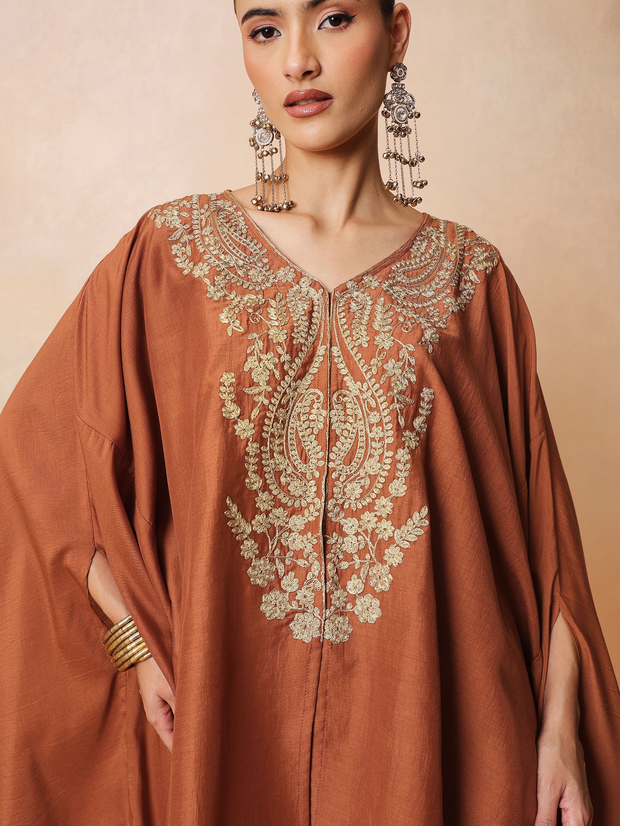 DesiQlo Rust Embroidered Kaftan With Flared Pants - Rust