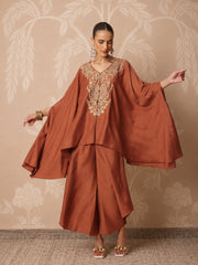 Women Rust Embroidered Kaftan With Flared Pants