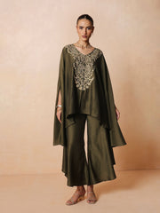Women Olive Embroidered Kaftan With Flared Pants