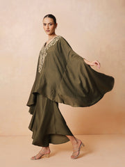 Women Olive Embroidered Kaftan With Flared Pants