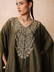 Women Olive Embroidered Kaftan With Flared Pants