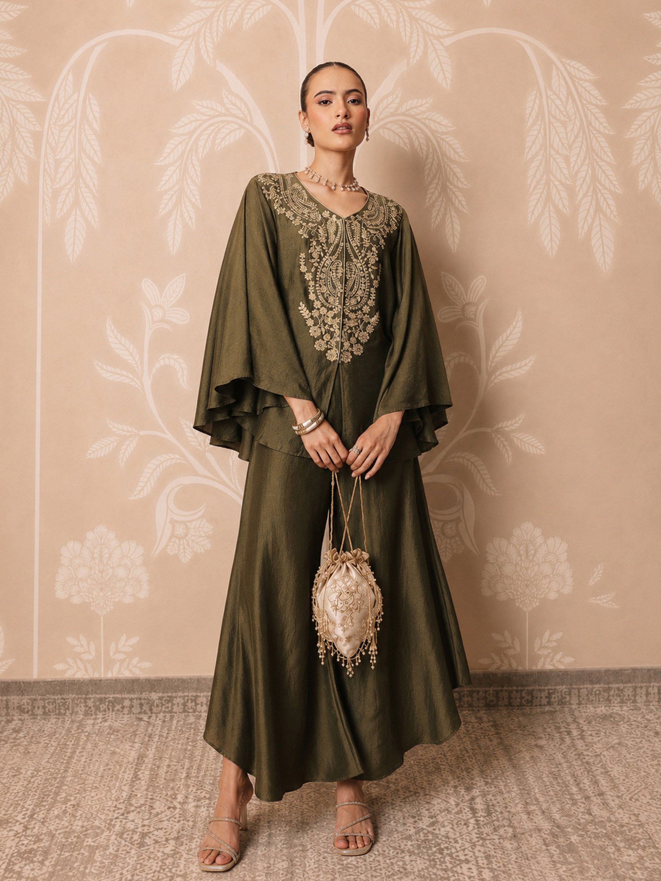 DesiQlo Olive Embroidered Kaftan With Flared Pants - Green