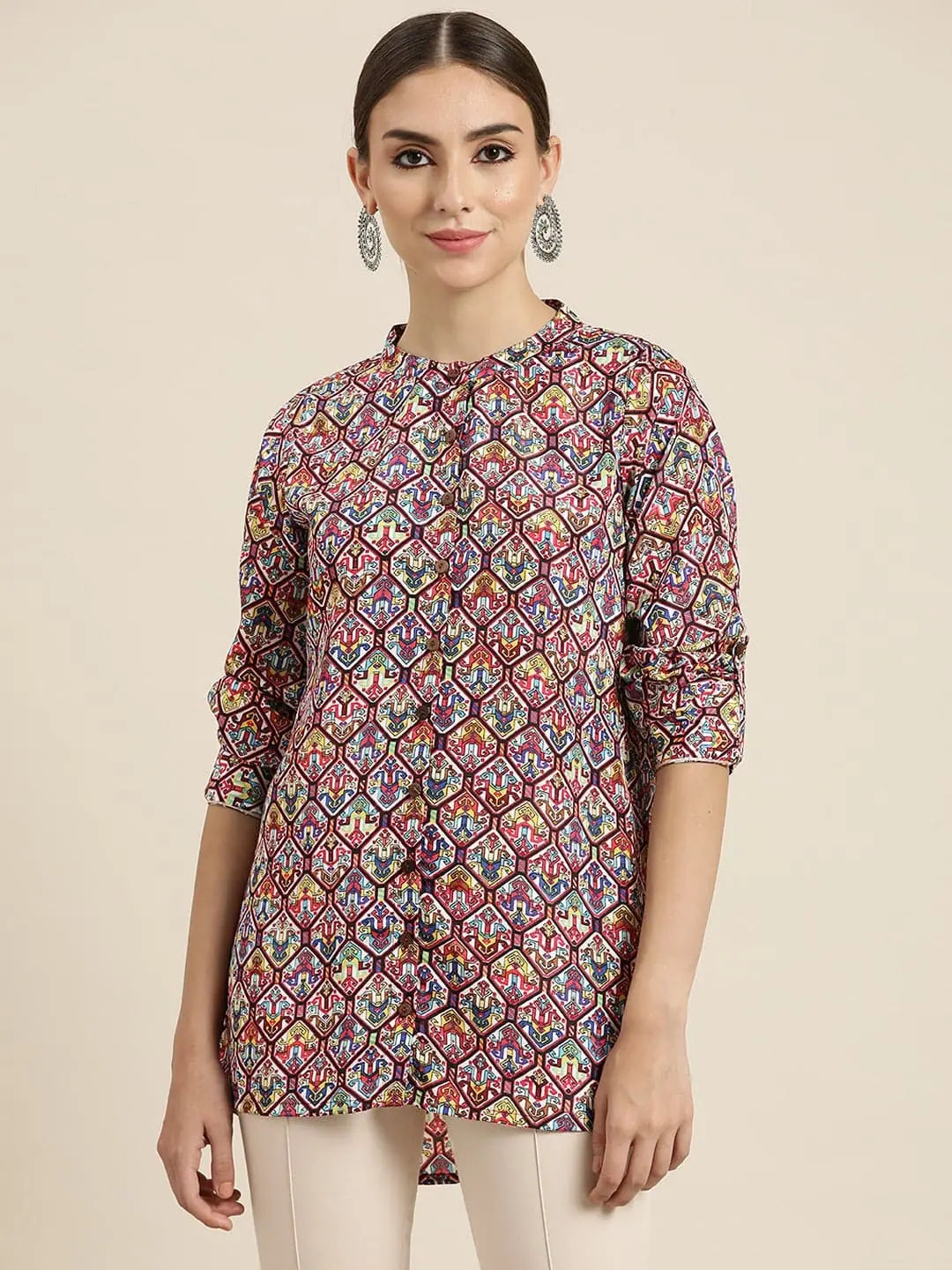 White Patola High Low Shirt | Traditional Indian Lehenga Style