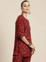 Women Maroon Floral High Low Shirt