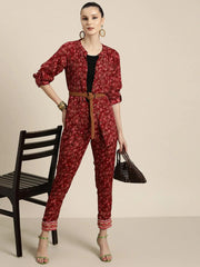 Women Maroon Floral High Low Shirt