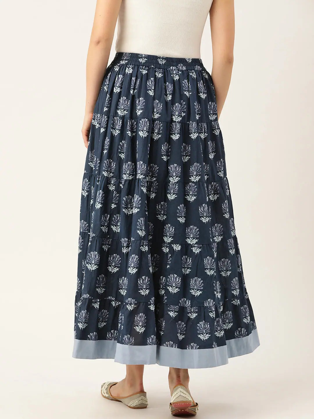 Navy Lotus Tiered Skirt | Printed Ethnic Skirts for Women