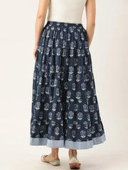 Navy Lotus Floral Contrast Border Tiered Skirt