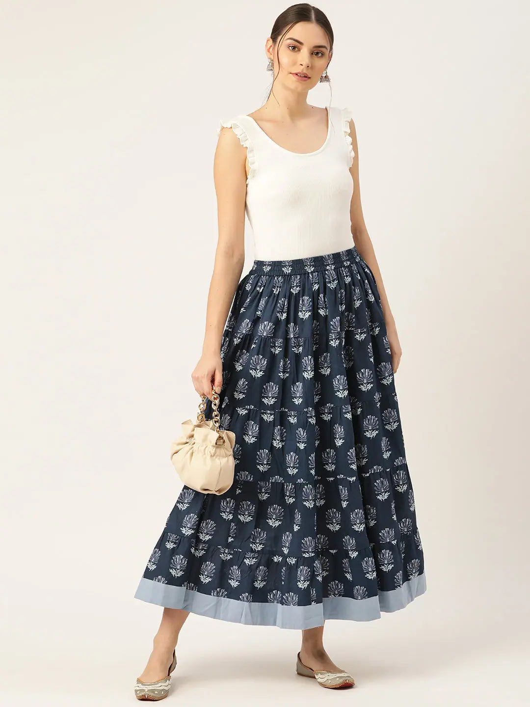 Navy Lotus Tiered Skirt | Printed Ethnic Skirts for Women
