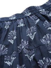 Navy Lotus Floral Contrast Border Tiered Skirt