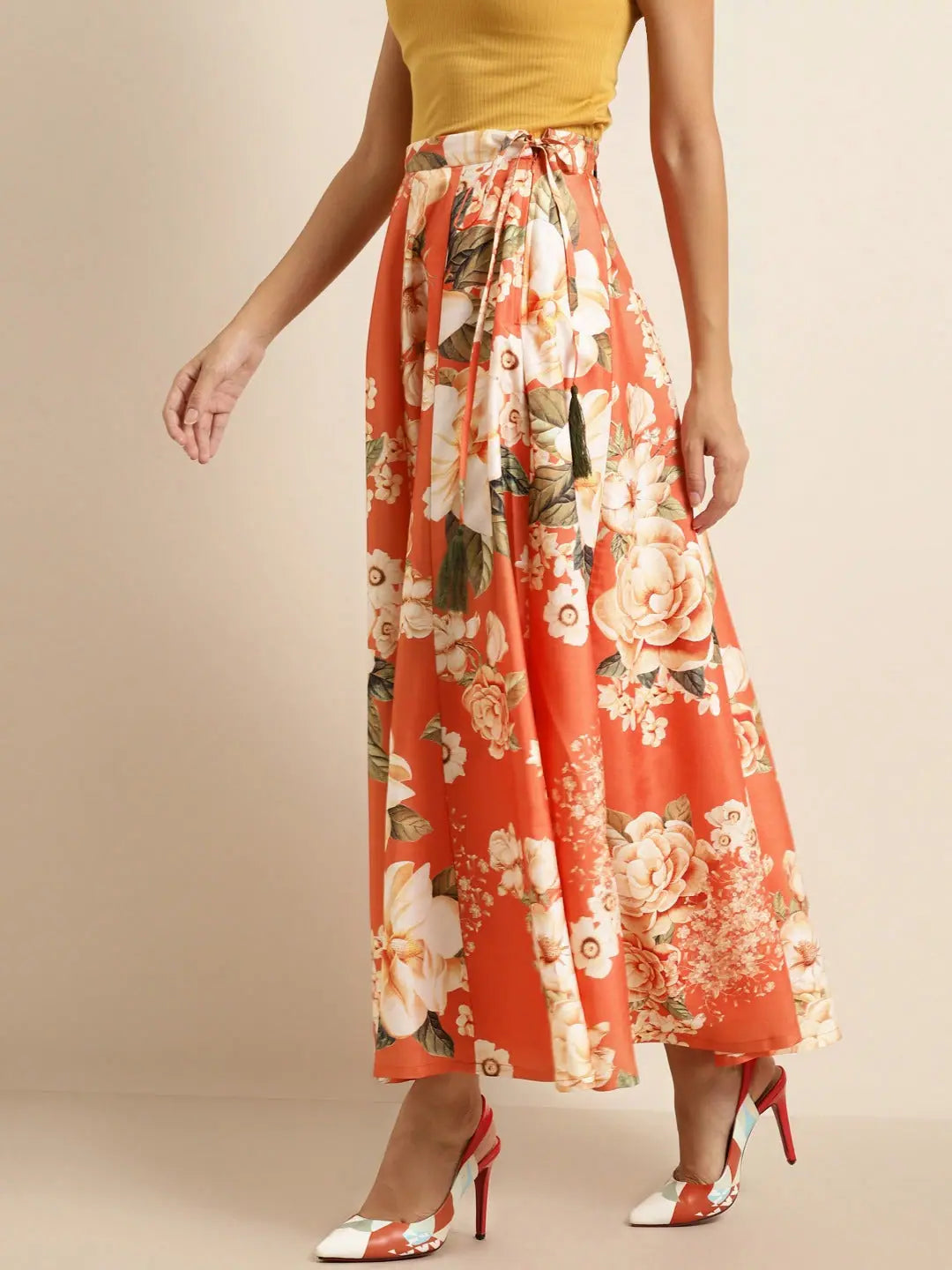 Orange Floral Skirt | Women's Printed Ethnic Maxi Skirts