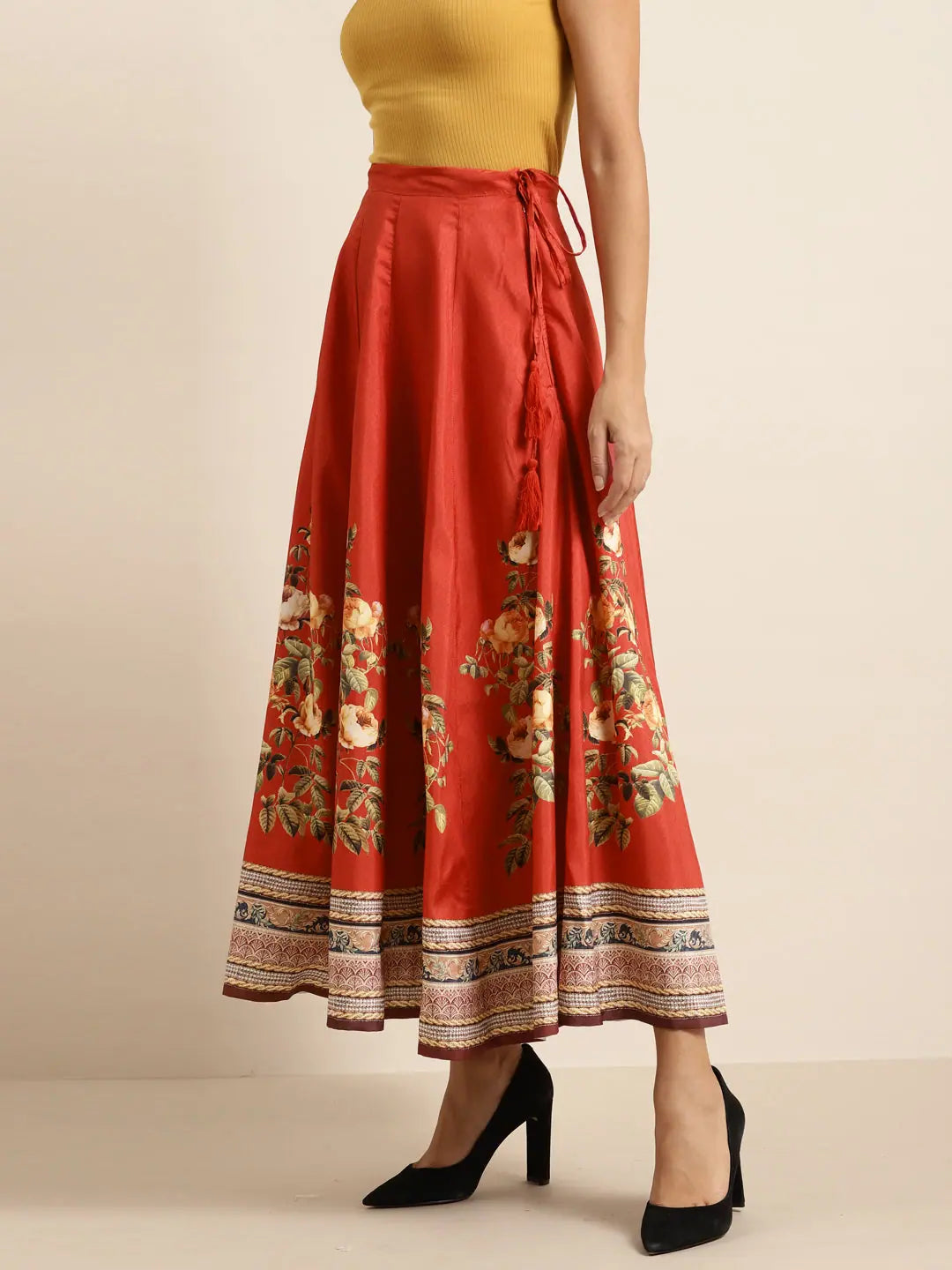 Red Floral Skirt: Long Ethnic Skirts & Women's Ethnic Wear