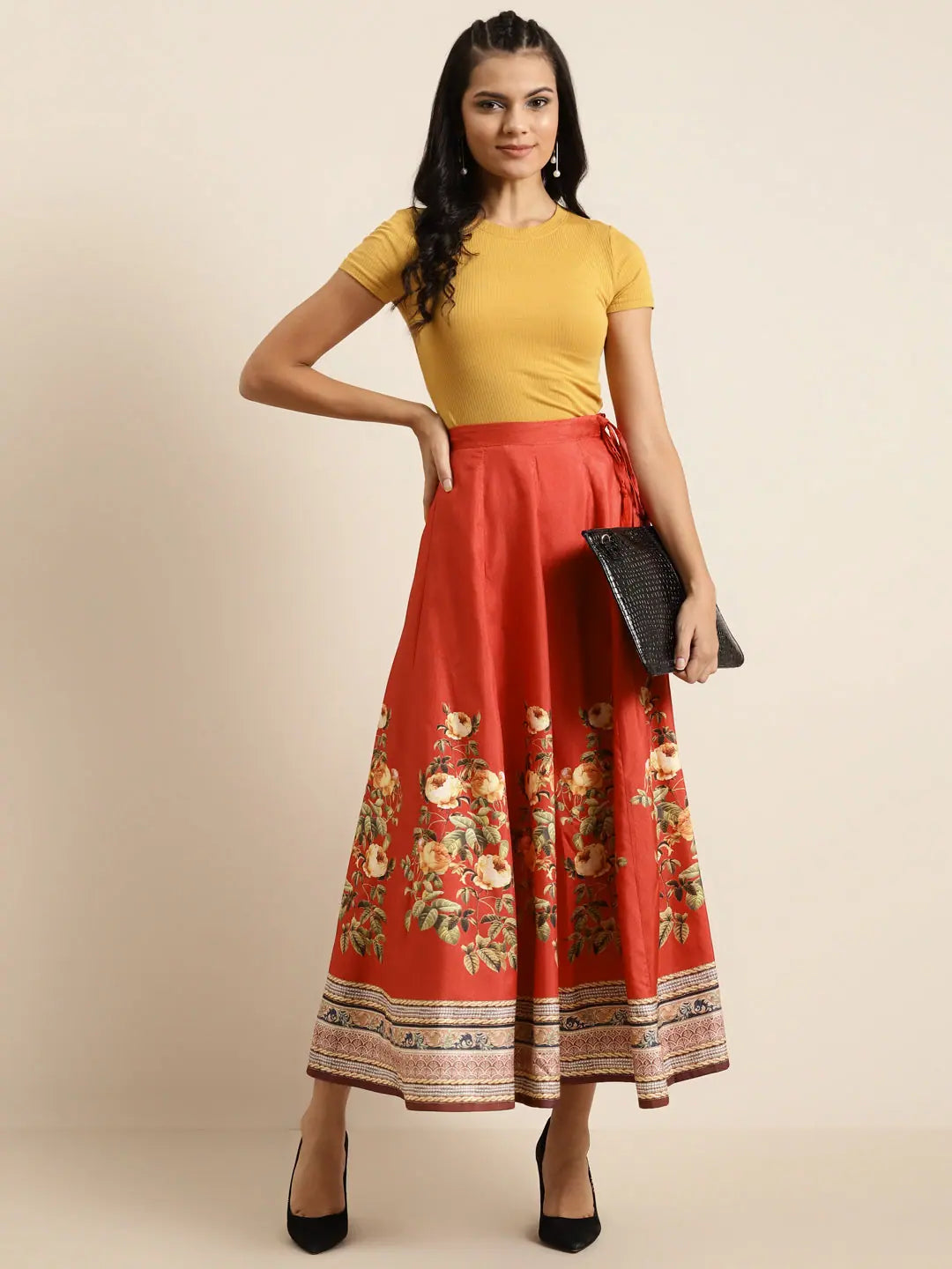 Red Floral Skirt: Long Ethnic Skirts & Women's Ethnic Wear
